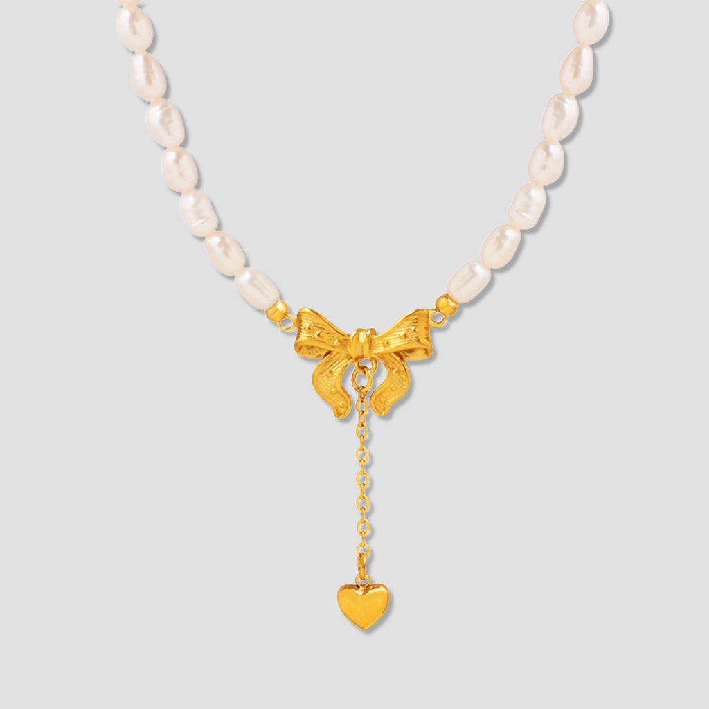 Hopeful Ribbon – Freshwater Pearl Necklace with Heartfall Accent