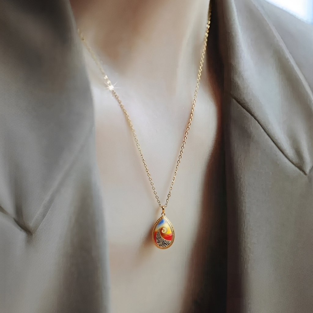 Enamel Droplet Pendant Necklace – Artistic Swirl Design with Vibrant Colors