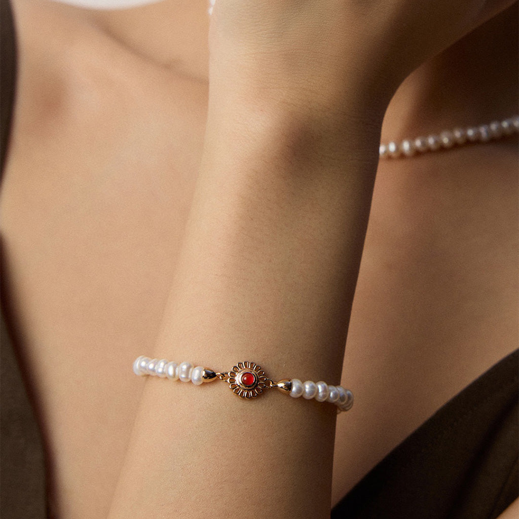 S925 Sterling Silver Pearl & Onyx/Garnet Bracelet