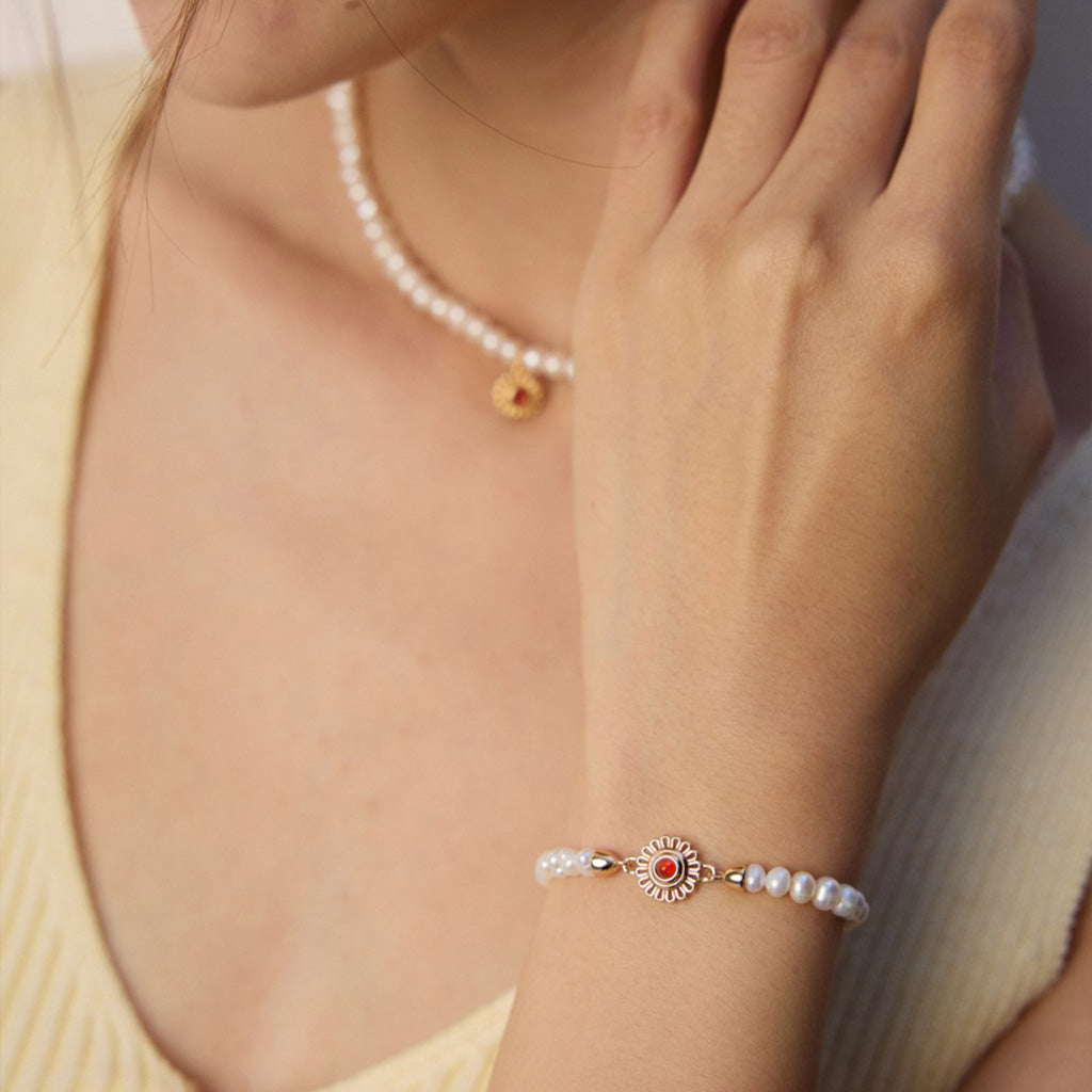 S925 Sterling Silver Pearl & Onyx/Garnet Bracelet