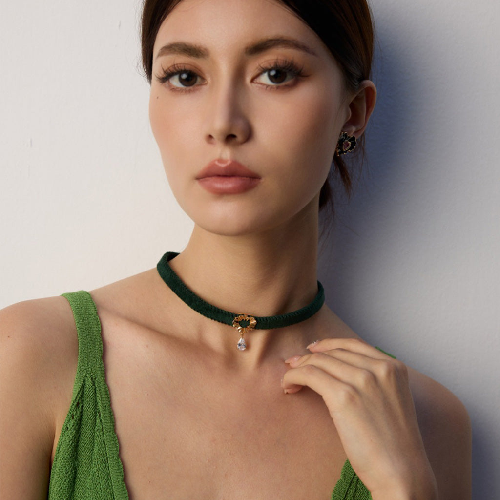 S925 Silver Choker Necklace with Zircon – Velvet or PU Band