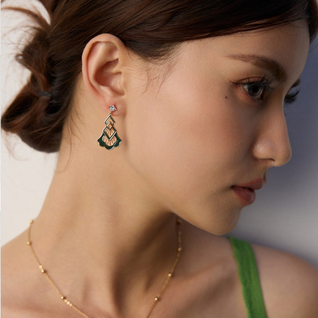 Green Enamel Geometric Drop Earrings – S925 Sterling Silver Vintage Style