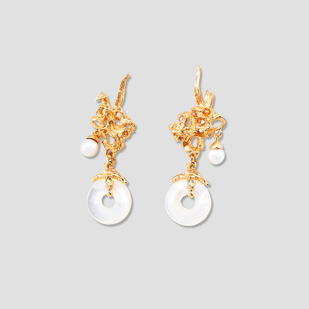 Organic Baroque Pearl Earrings – Statement Dangle in Gold & Silver with Shell Disc