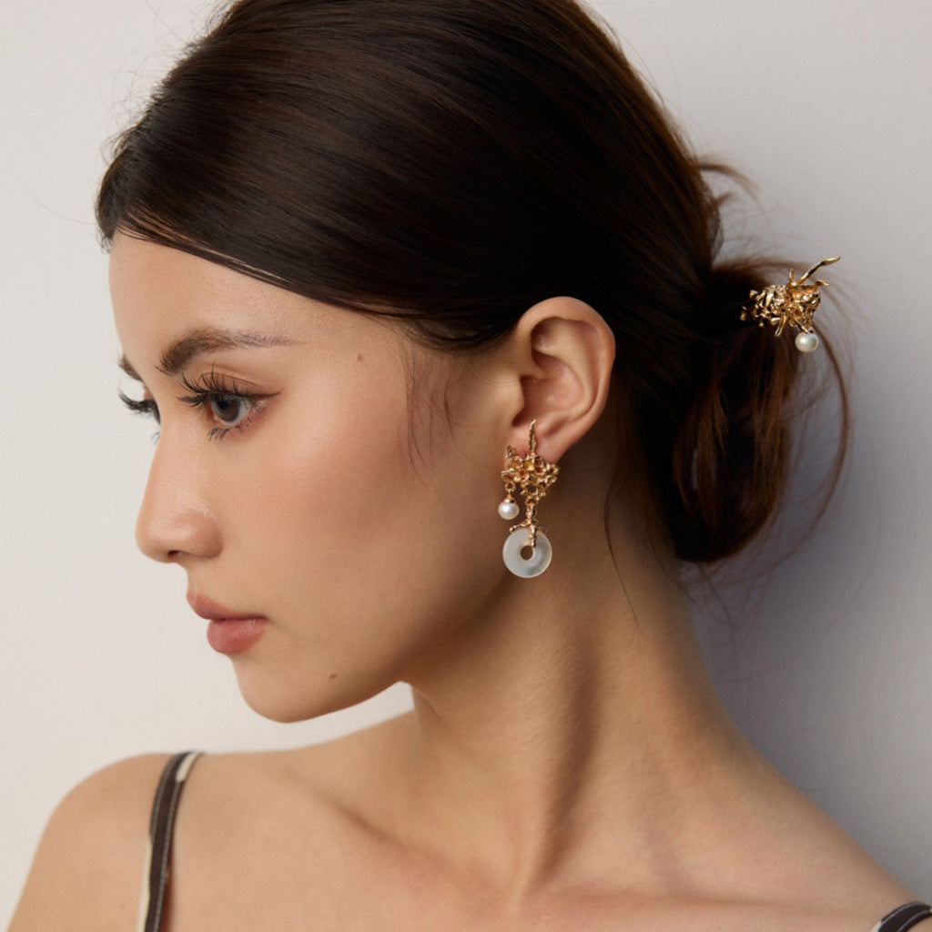 Organic Baroque Pearl Earrings – Statement Dangle in Gold & Silver with Shell Disc