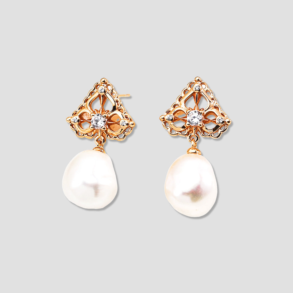 Teardrop Pearl Statement Earrings with Vintage Triangle Studs in Sterling Silver
