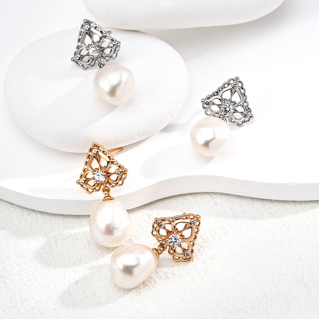 Teardrop Pearl Statement Earrings with Vintage Triangle Studs in Sterling Silver