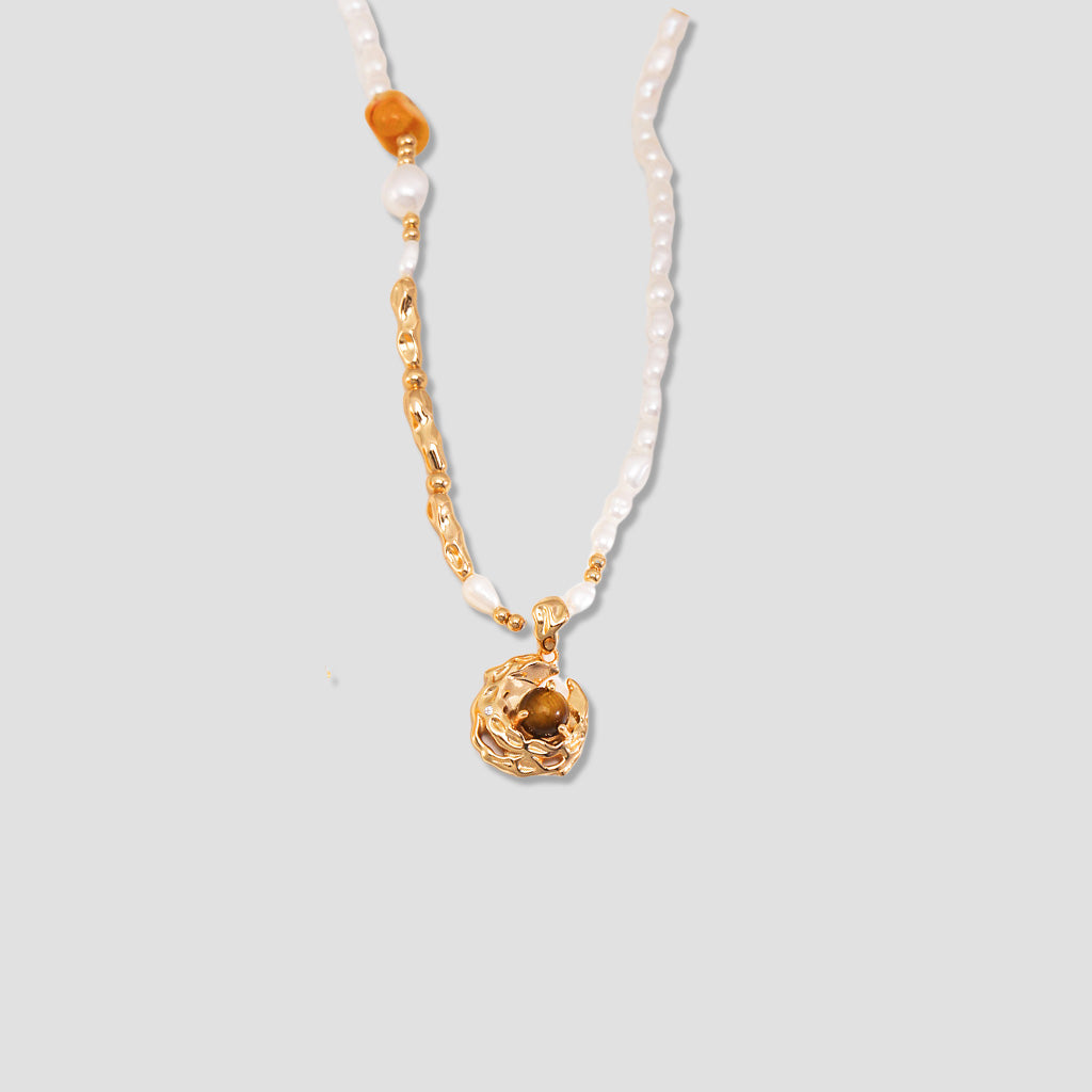 Irregular Pearl & Tiger Eye Pendant Necklace in Sterling Silver