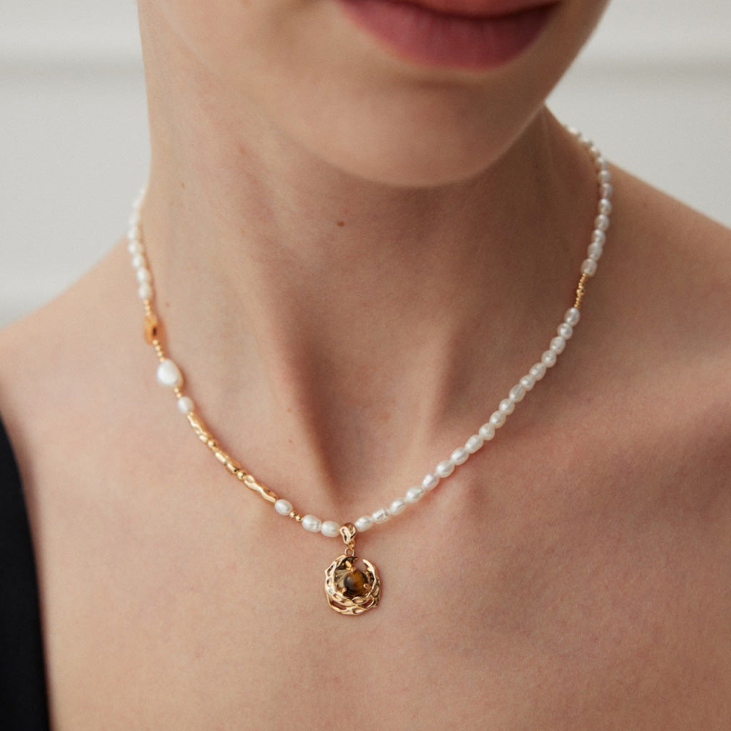 Irregular Pearl & Tiger Eye Pendant Necklace in Sterling Silver