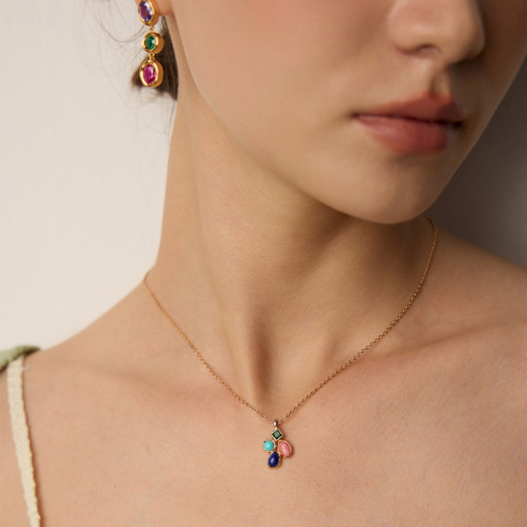 Colorful Vintage Gemstone Pendant Necklace in S925 Silver