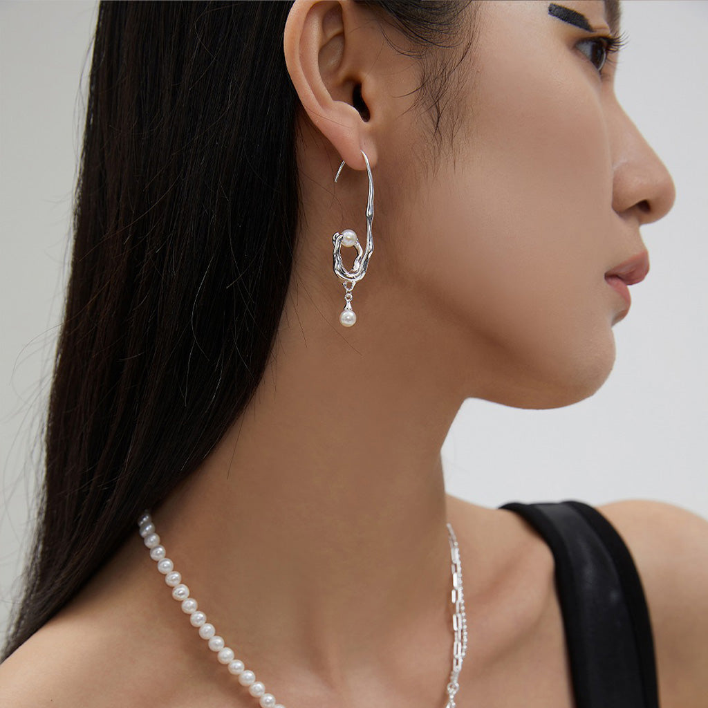 Asymmetrical Sterling Silver Freshwater Pearl Statement Earrings